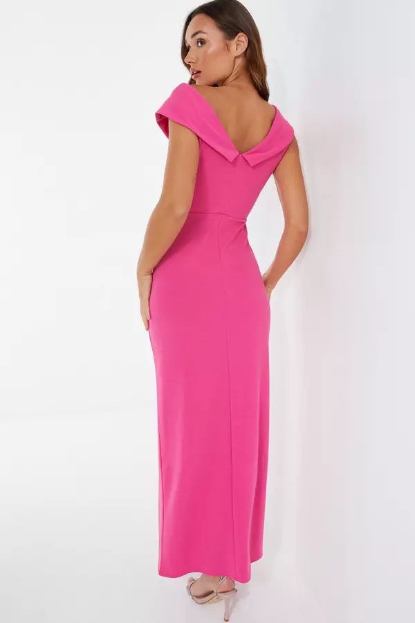 Pink Ruched Bardot Maxi Dress