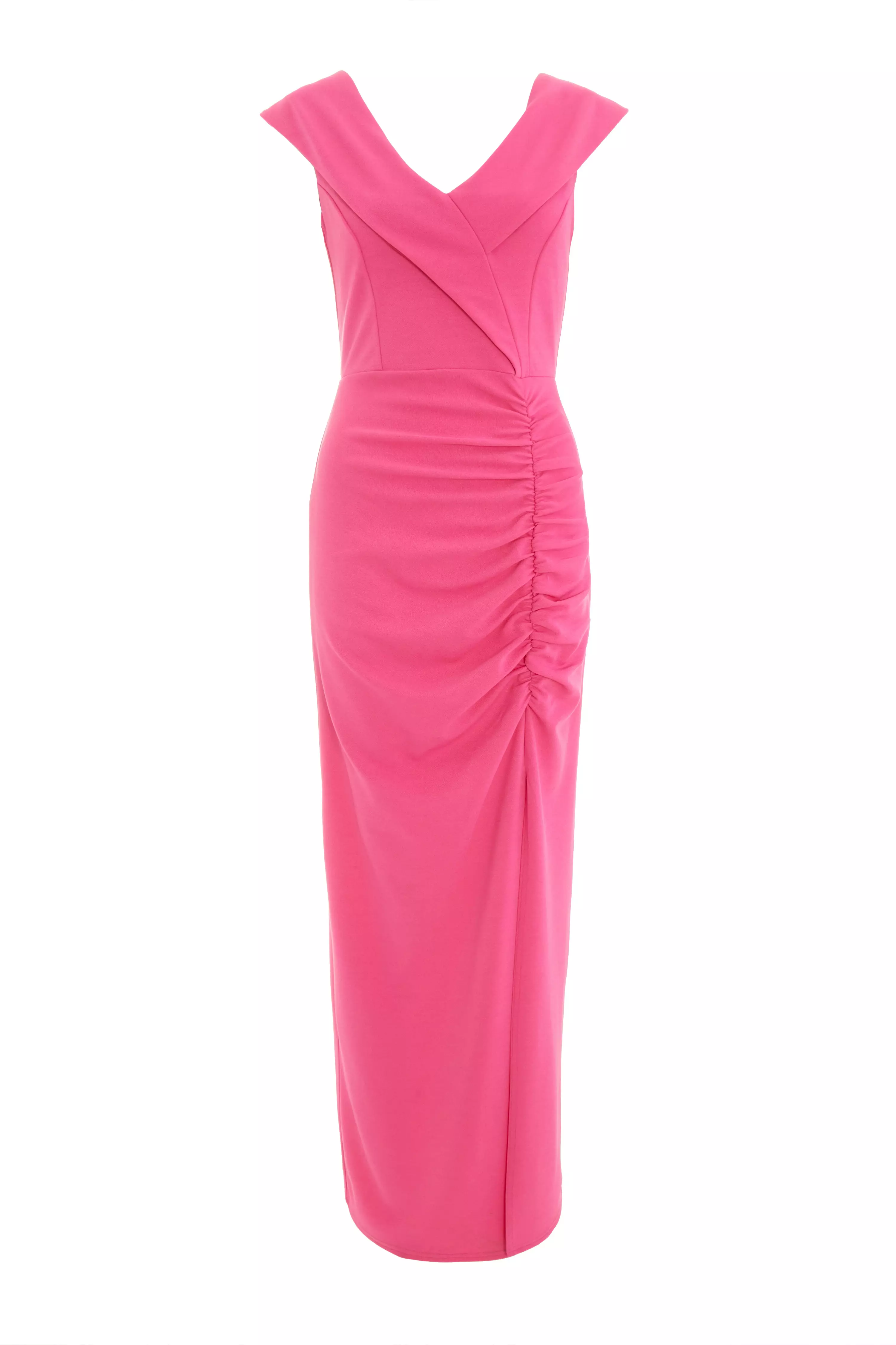 Pink Ruched Bardot Maxi Dress