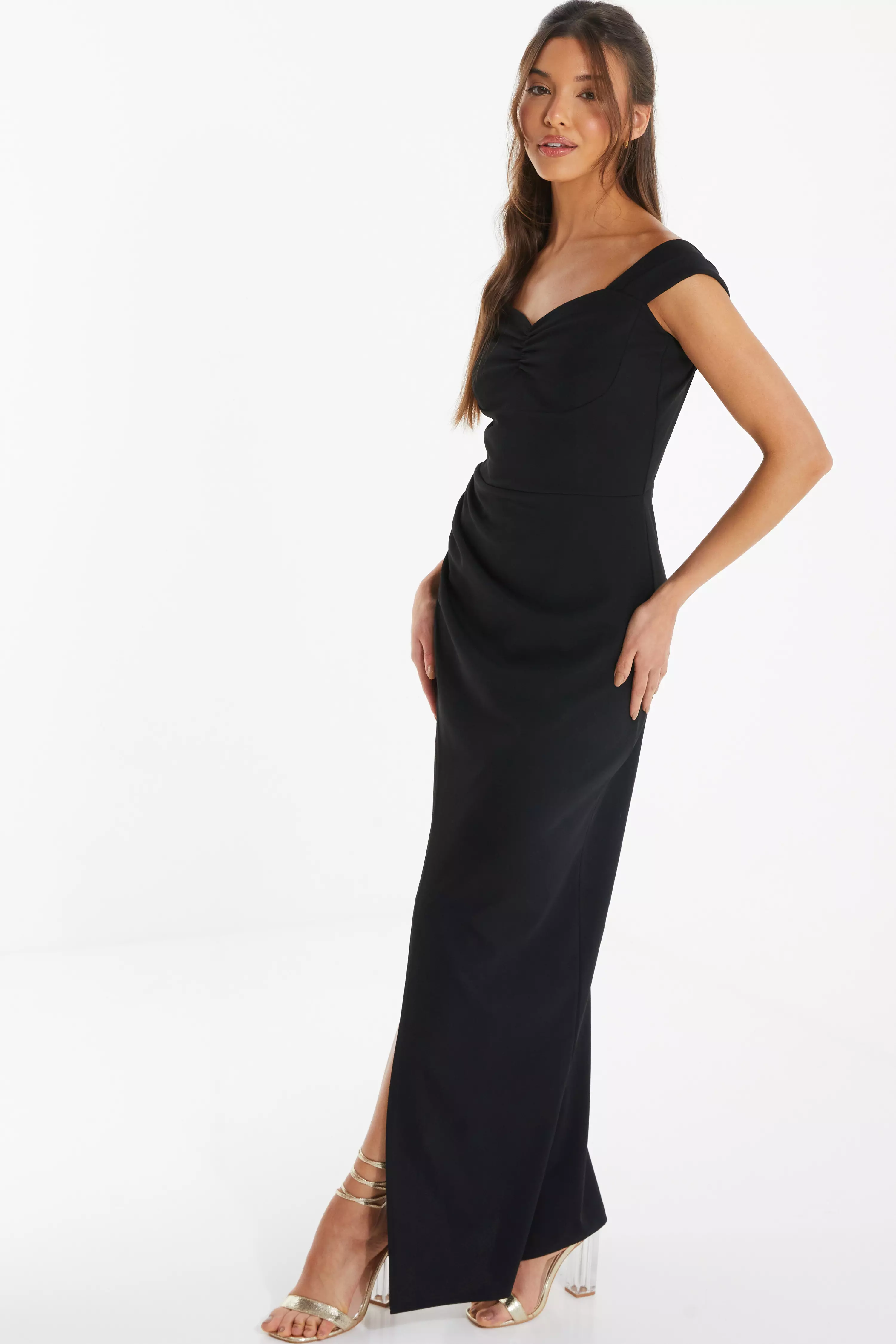 Black Ruched Bardot Maxi Dress