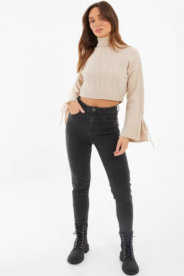 Stone Knitted Lace Up Sleeve Jumper