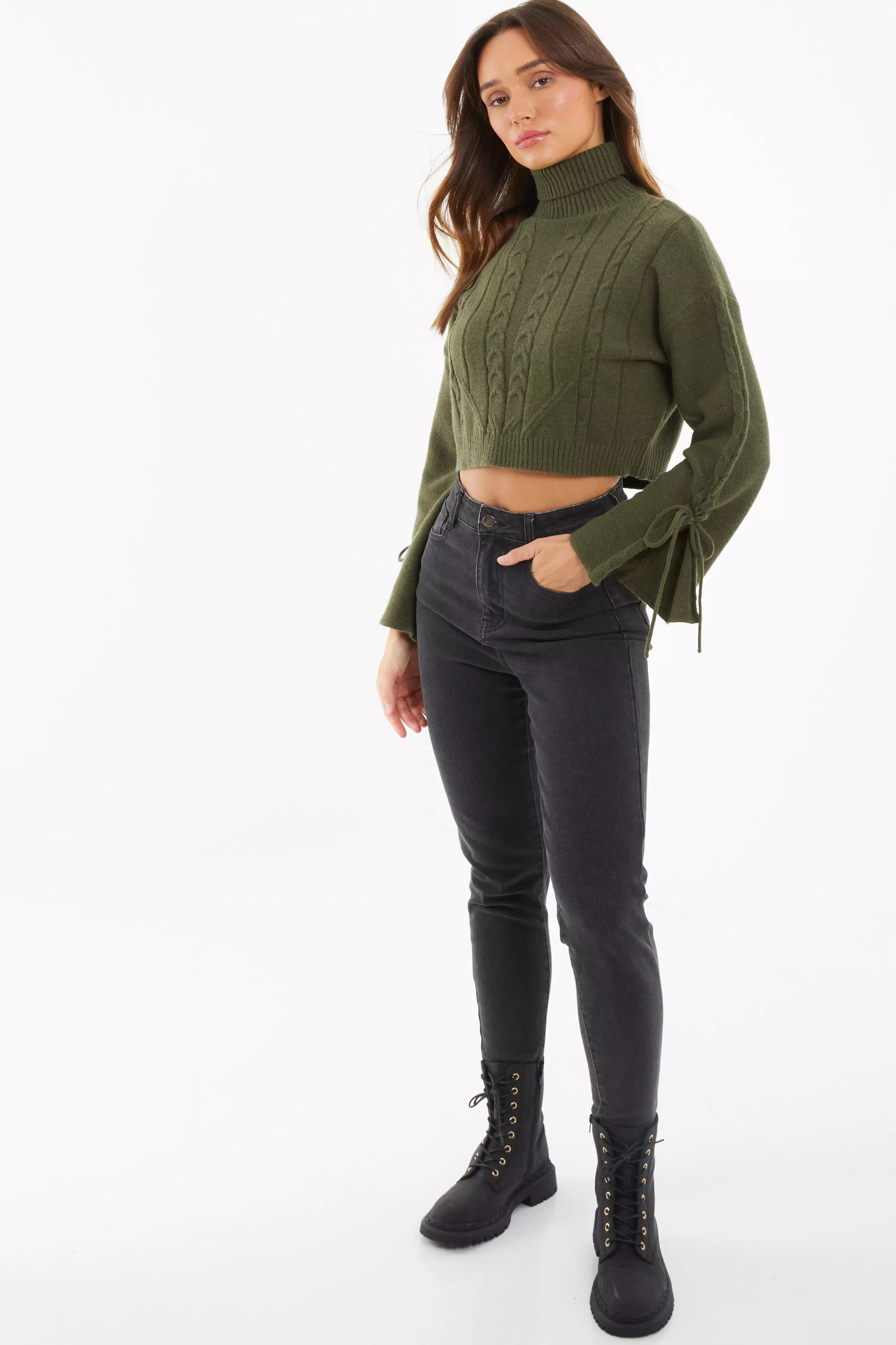 Khaki Knitted Lace Up Sleeve Jumper