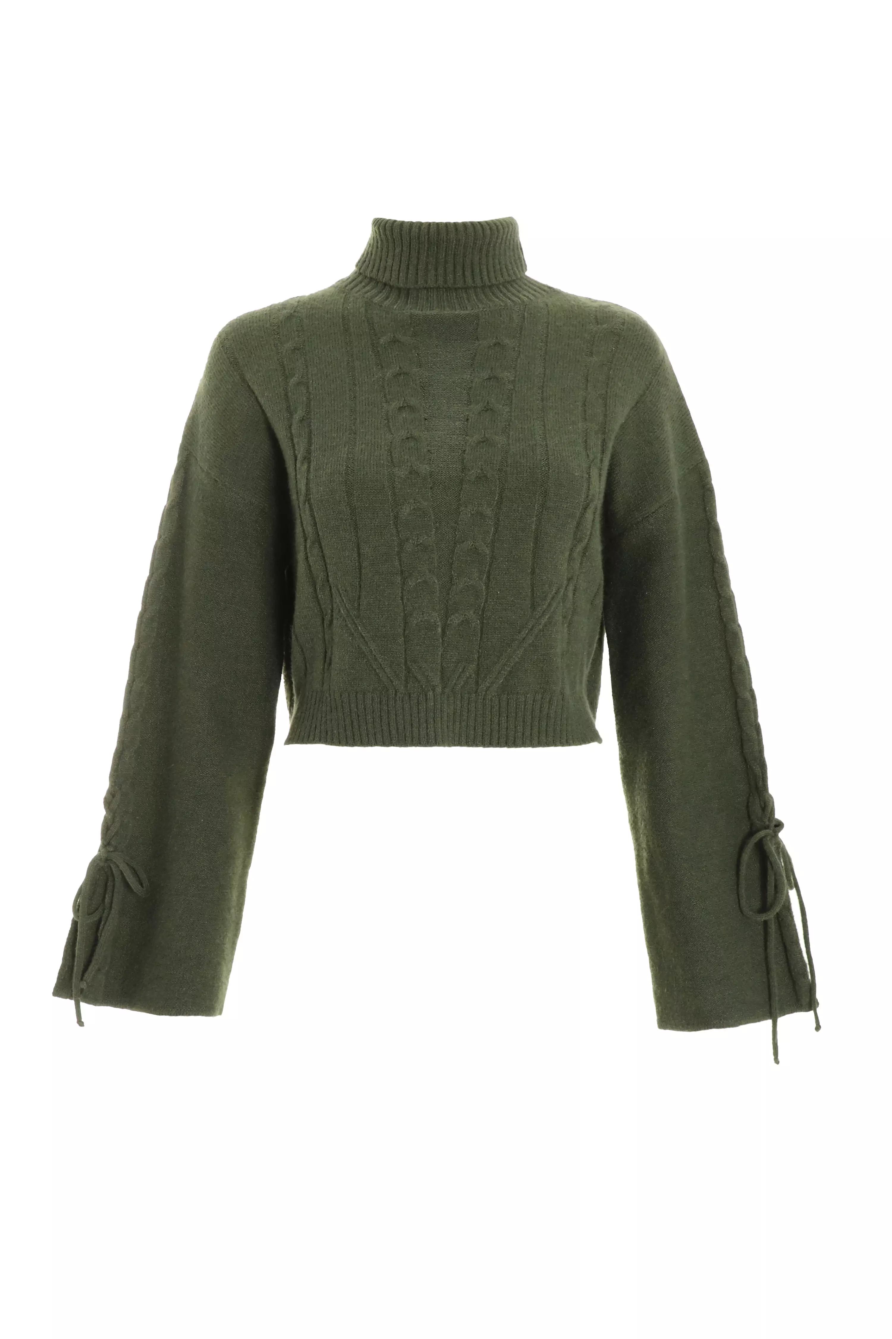 Khaki Knitted Lace Up Sleeve Jumper