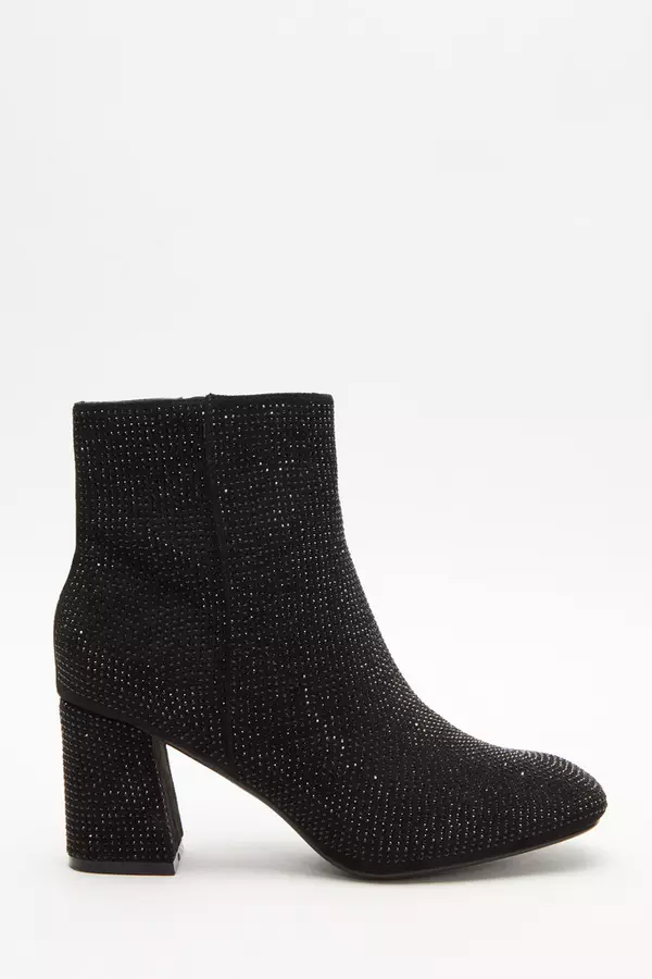 Black Diamante Heeled Ankle Boots