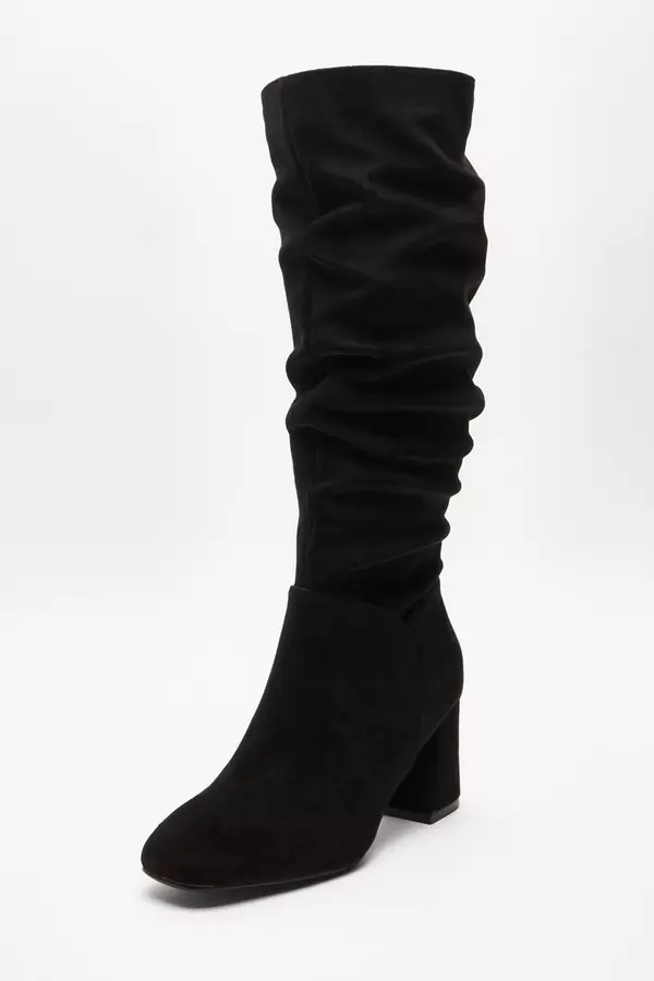 Black Faux Suede Ruched Heeled Boots