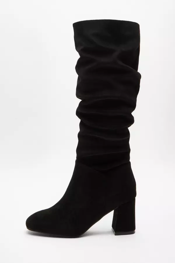 Black Faux Suede Ruched Heeled Boots