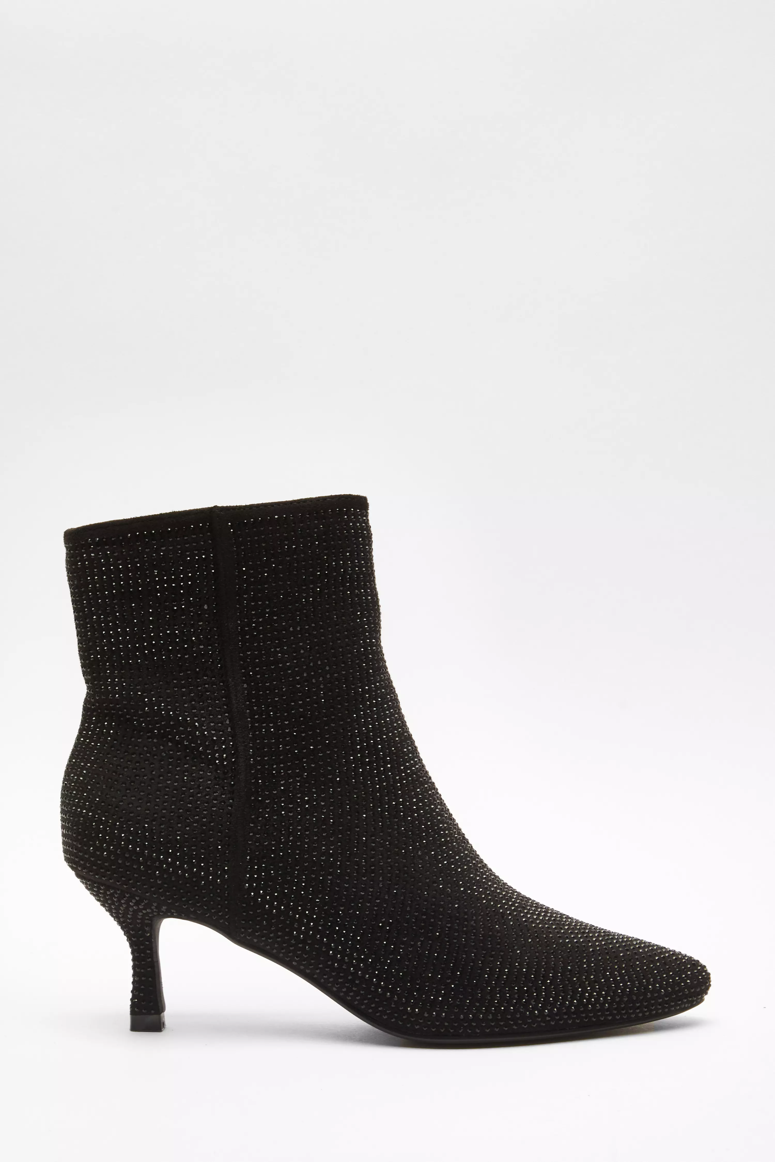 Black Diamante Ankle Heeled Faux Suede Boots