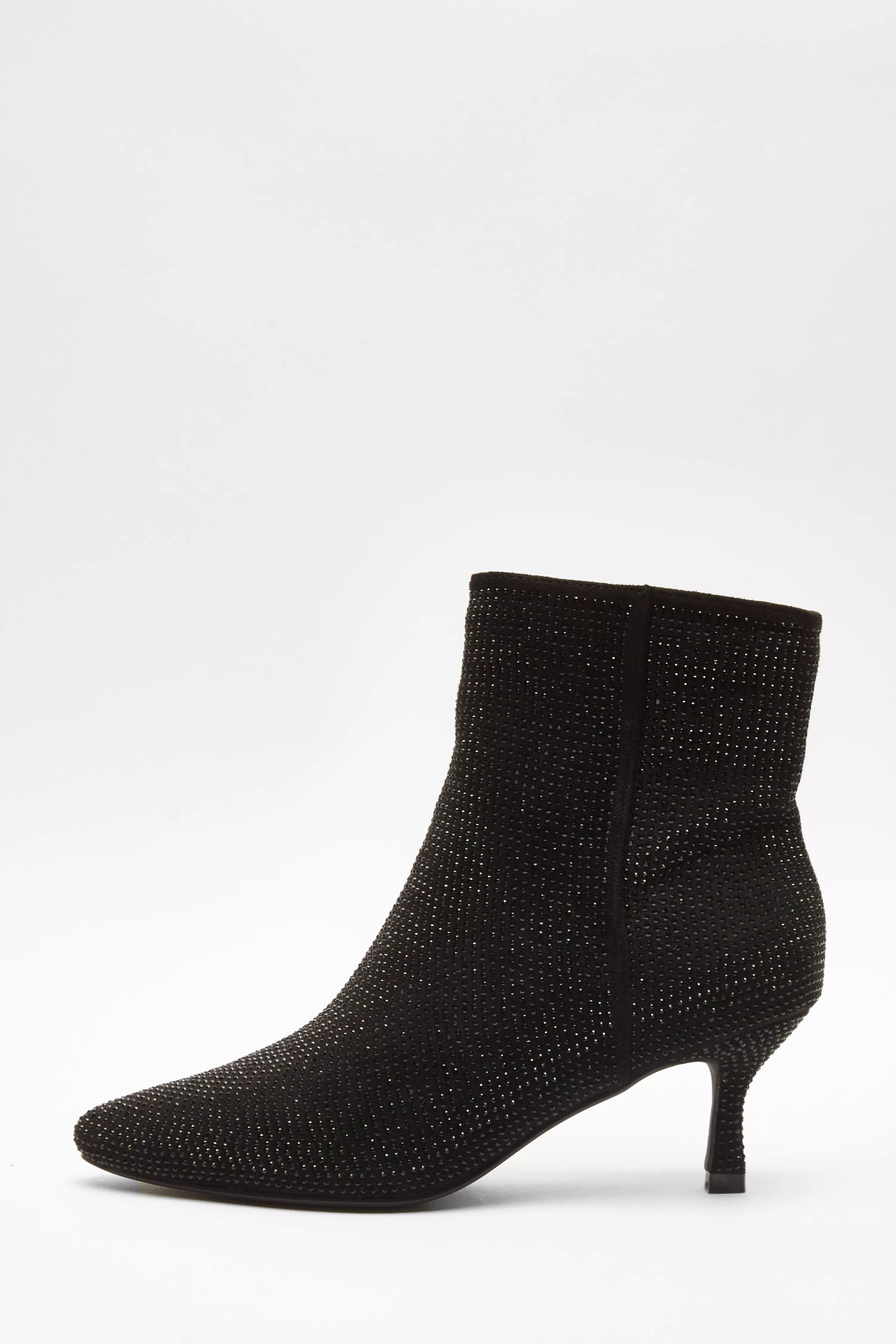 Black Diamante Ankle Heeled Faux Suede Boots