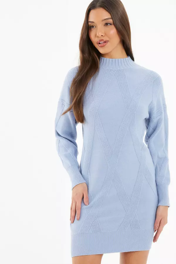 Blue Cable Knitted Jumper Mini Dress