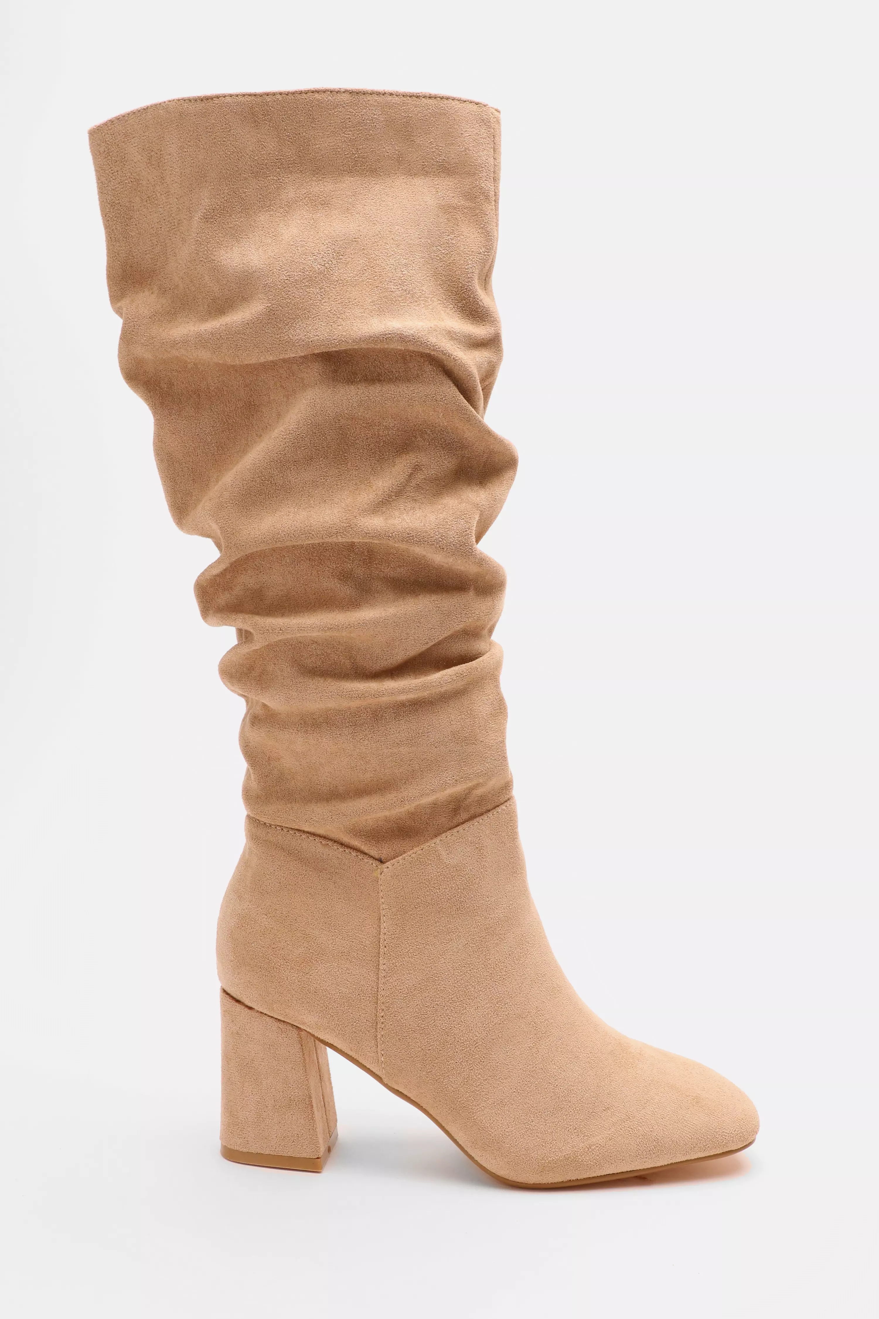 Beige Faux Suede Ruched Heeled Boots