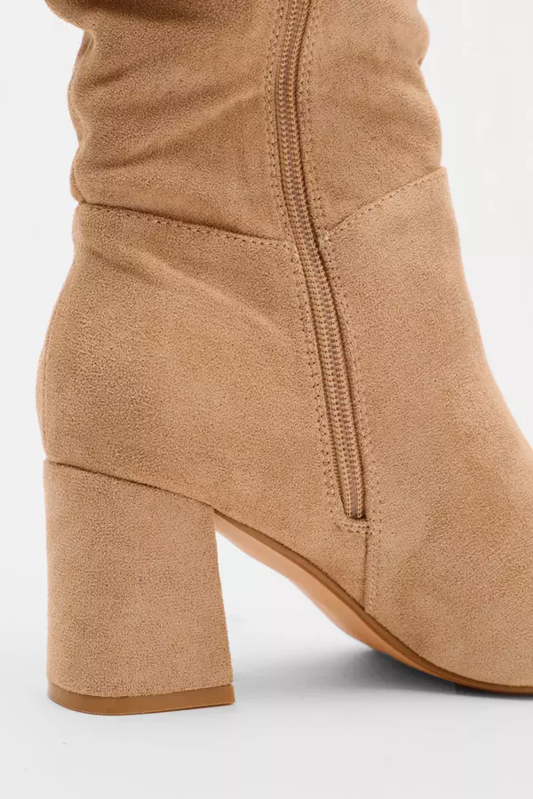 Beige Faux Suede Ruched Heeled Boots