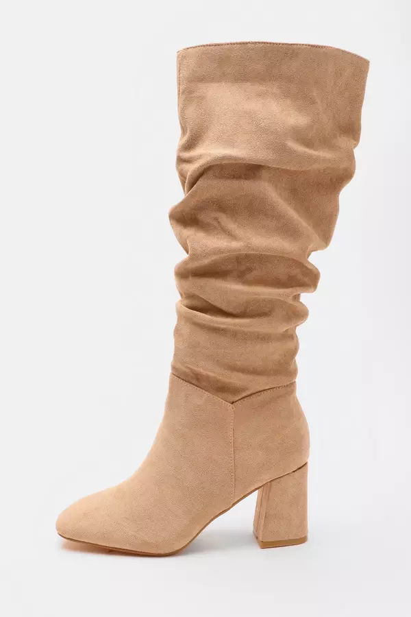 Beige Faux Suede Ruched Heeled Boots