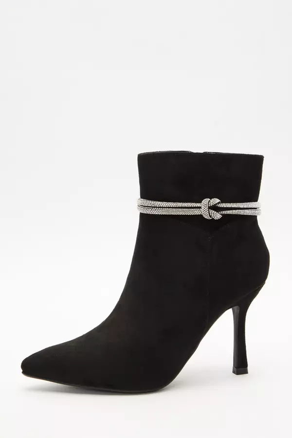 Black Diamante Trim Ankle Heeled Boots