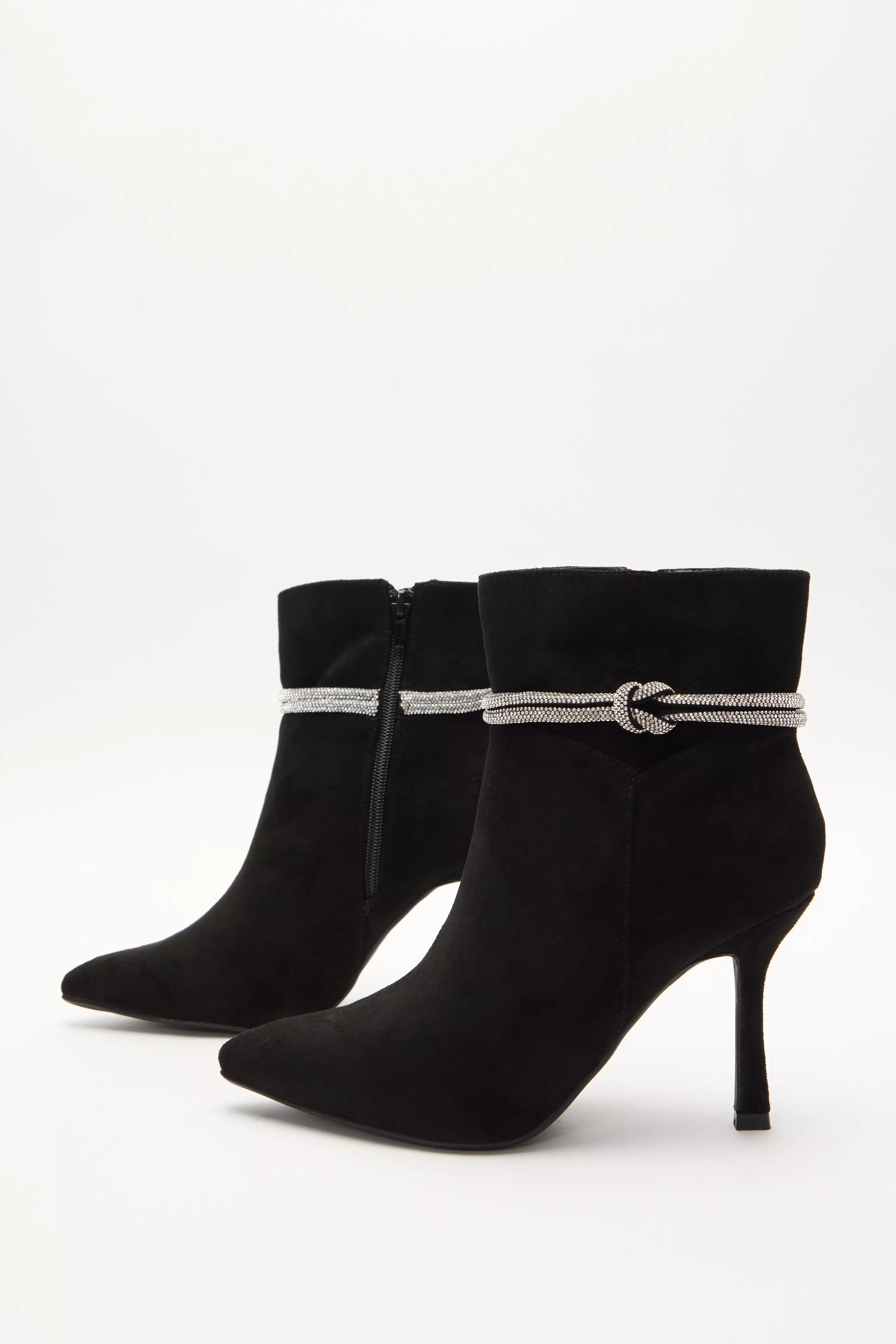Black Diamante Trim Ankle Heeled Boots