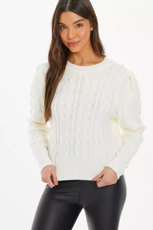 Cream Cable Knit Pearl Jumper