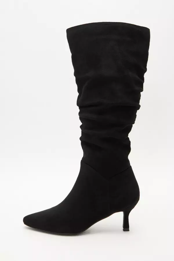 Black Ruched Knee High Heeled Boots