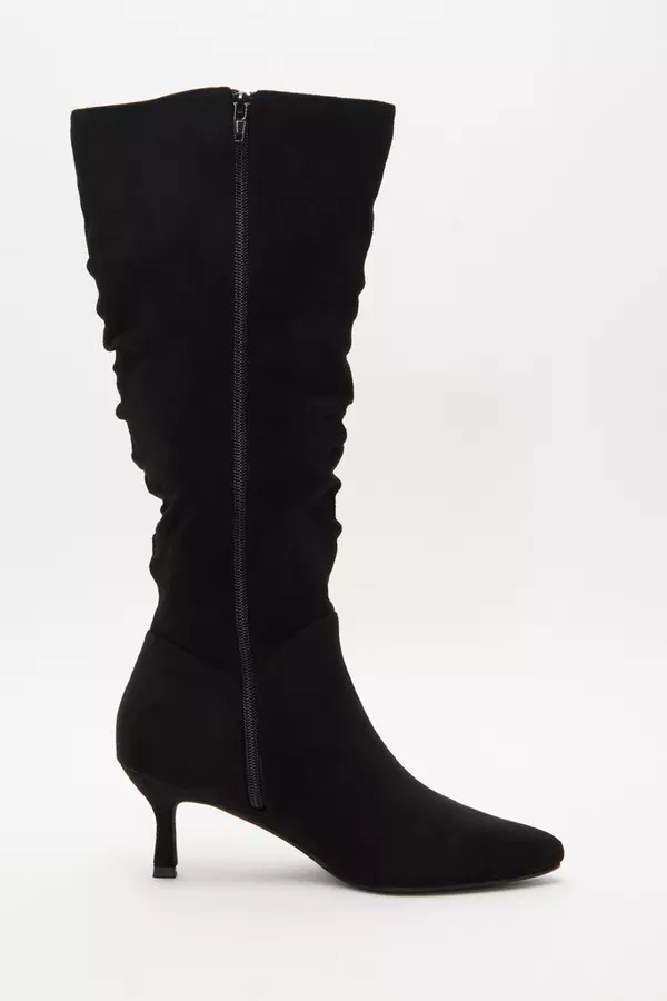 Black Ruched Knee High Heeled Boots