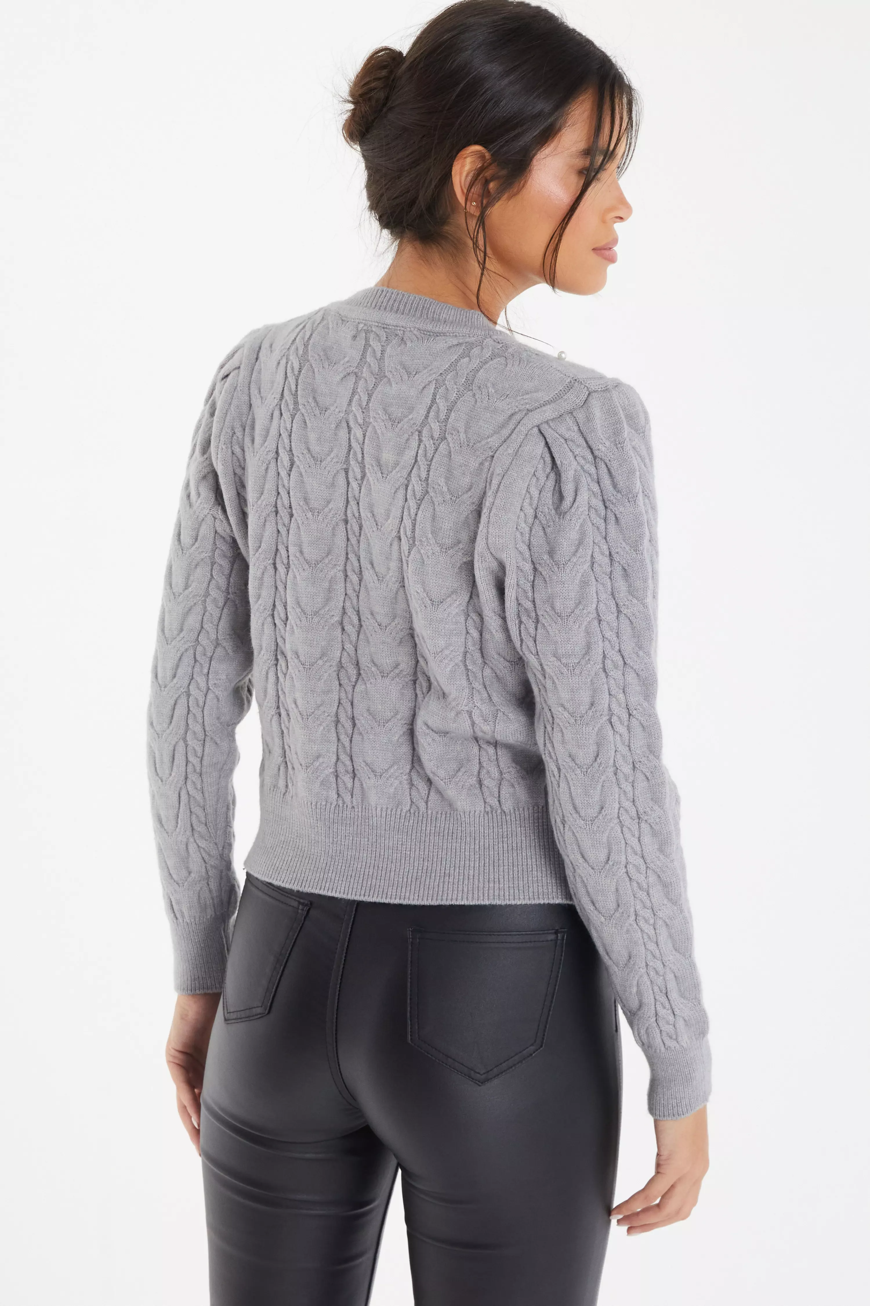 Grey Cable Knit Pearl Jumper