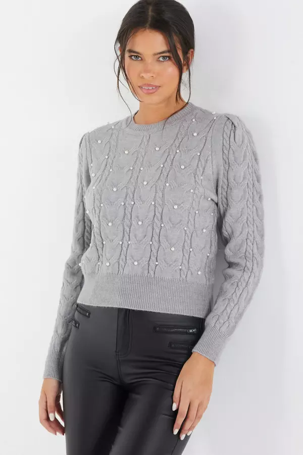 Grey Cable Knit Pearl Jumper