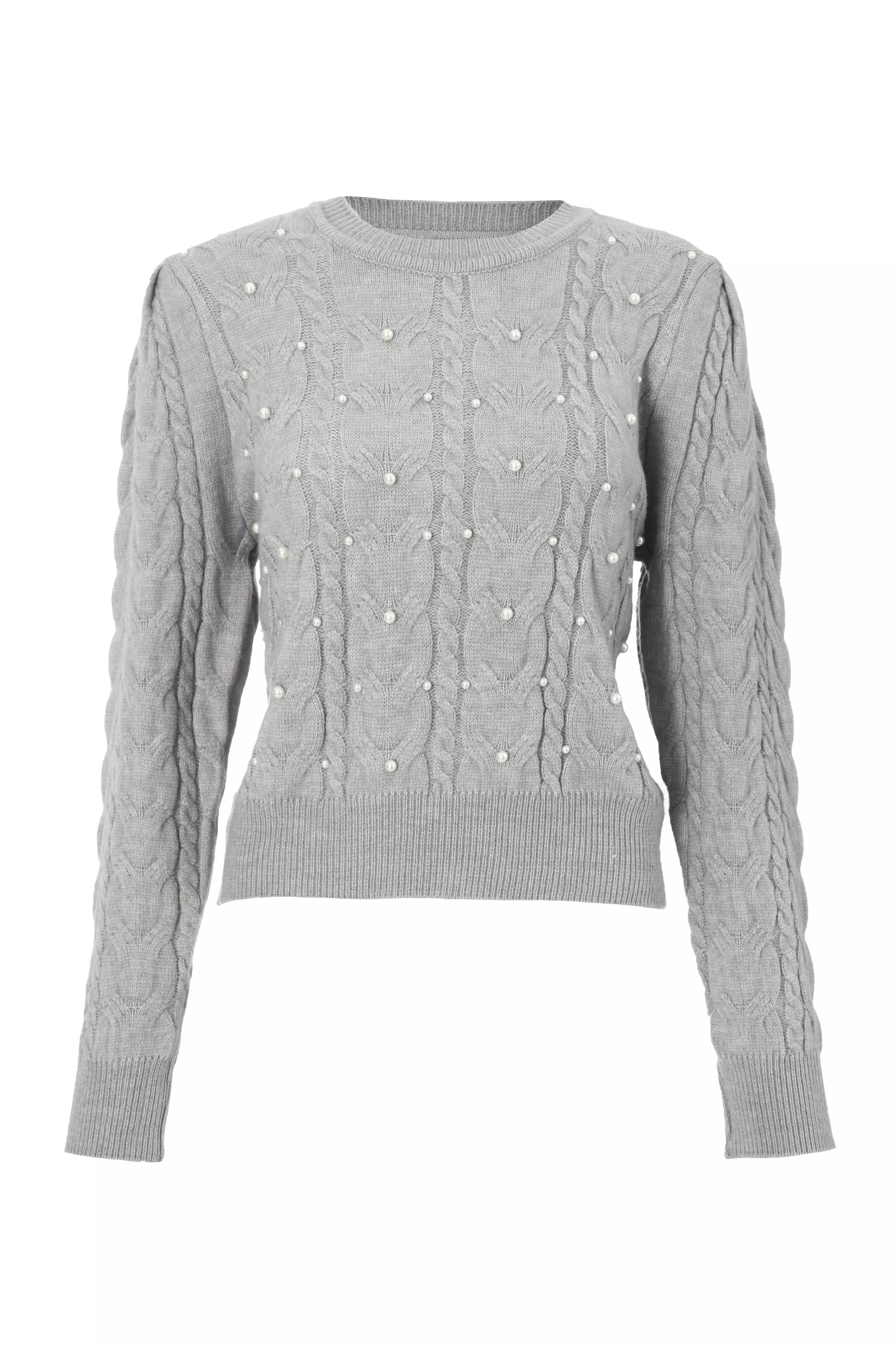 Grey Cable Knit Pearl Jumper