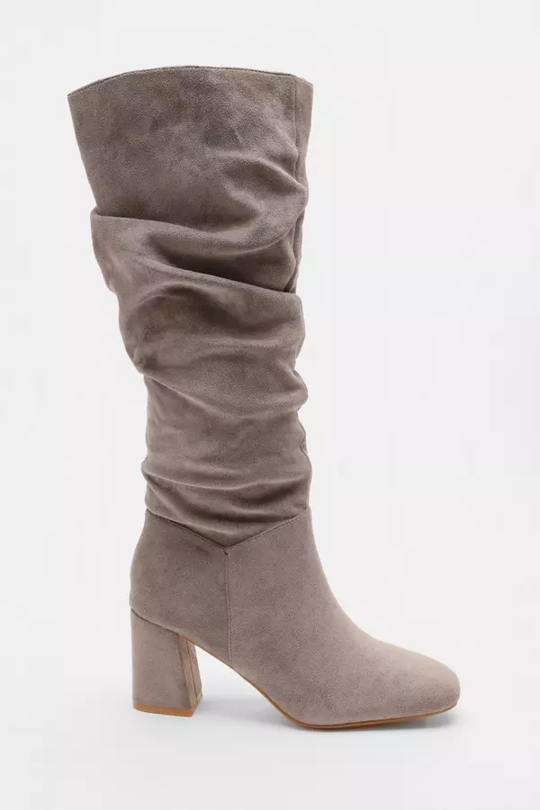 Grey Faux Suede Ruched Heeled Boots
