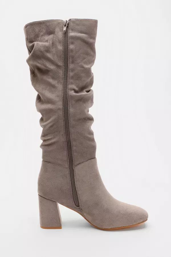 Grey Faux Suede Ruched Heeled Boots
