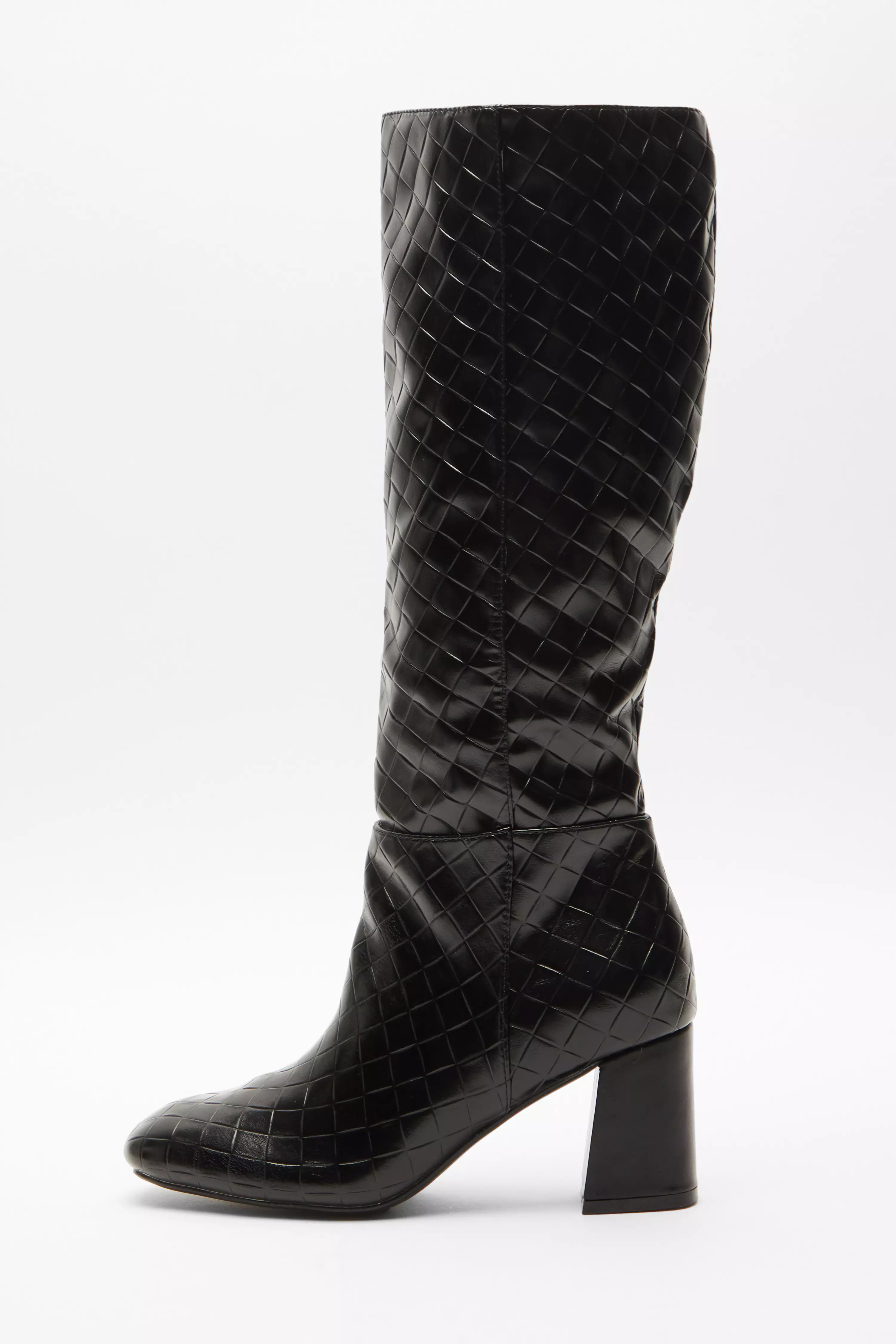 Black Faux Leather Textured Knee High Boots