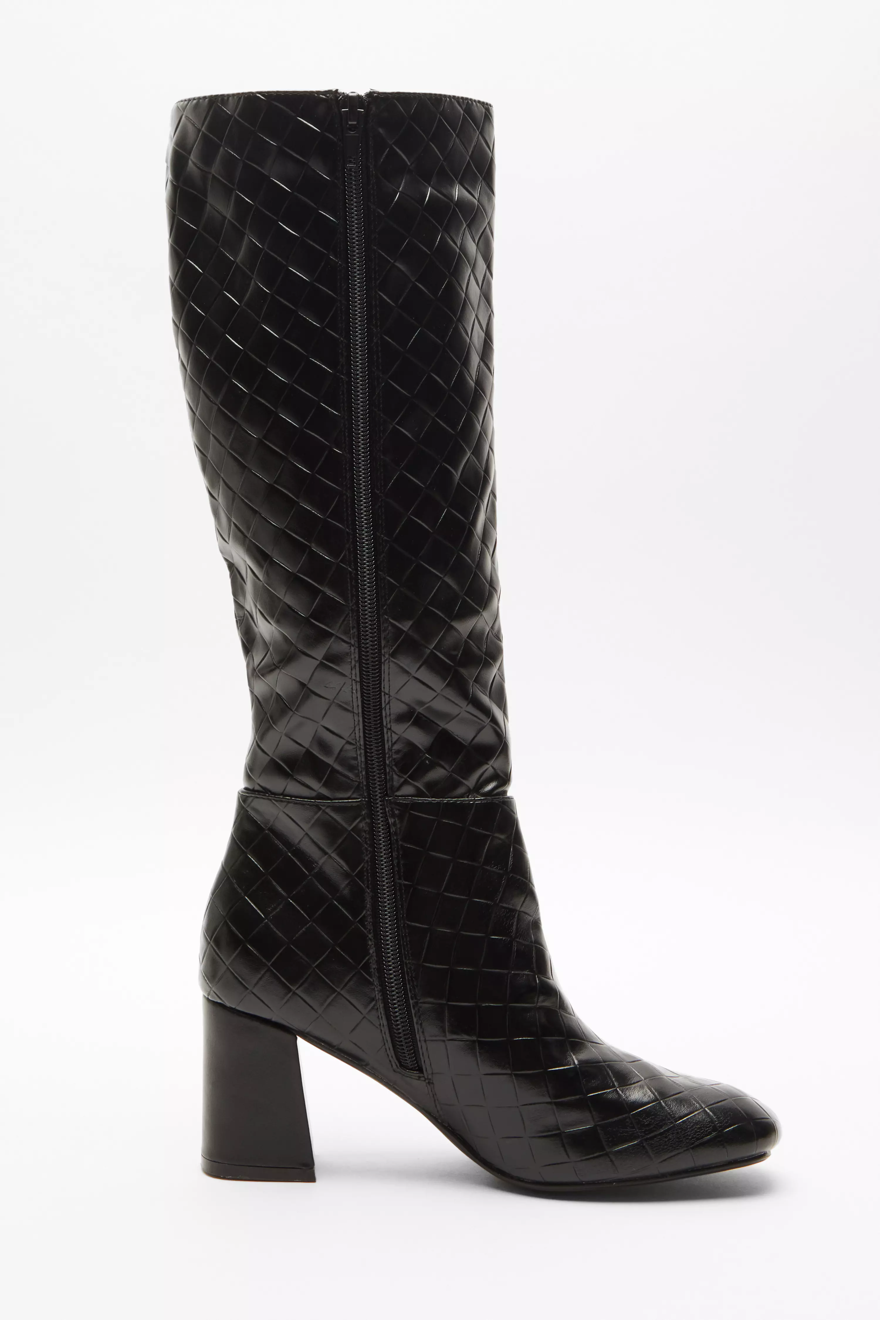 Black Faux Leather Textured Knee High Boots