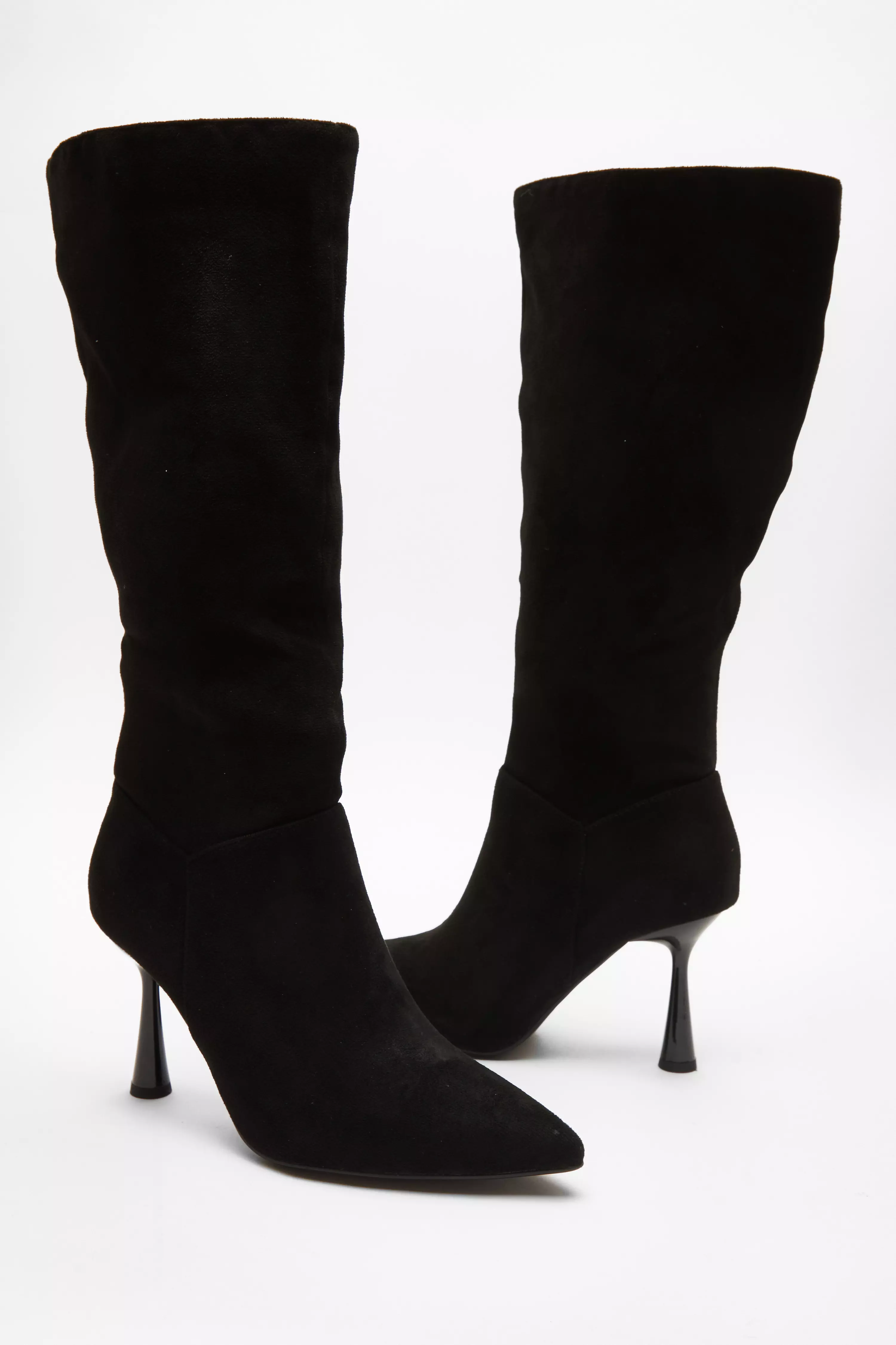 Black Faux Suede Knee High Heeled Boots