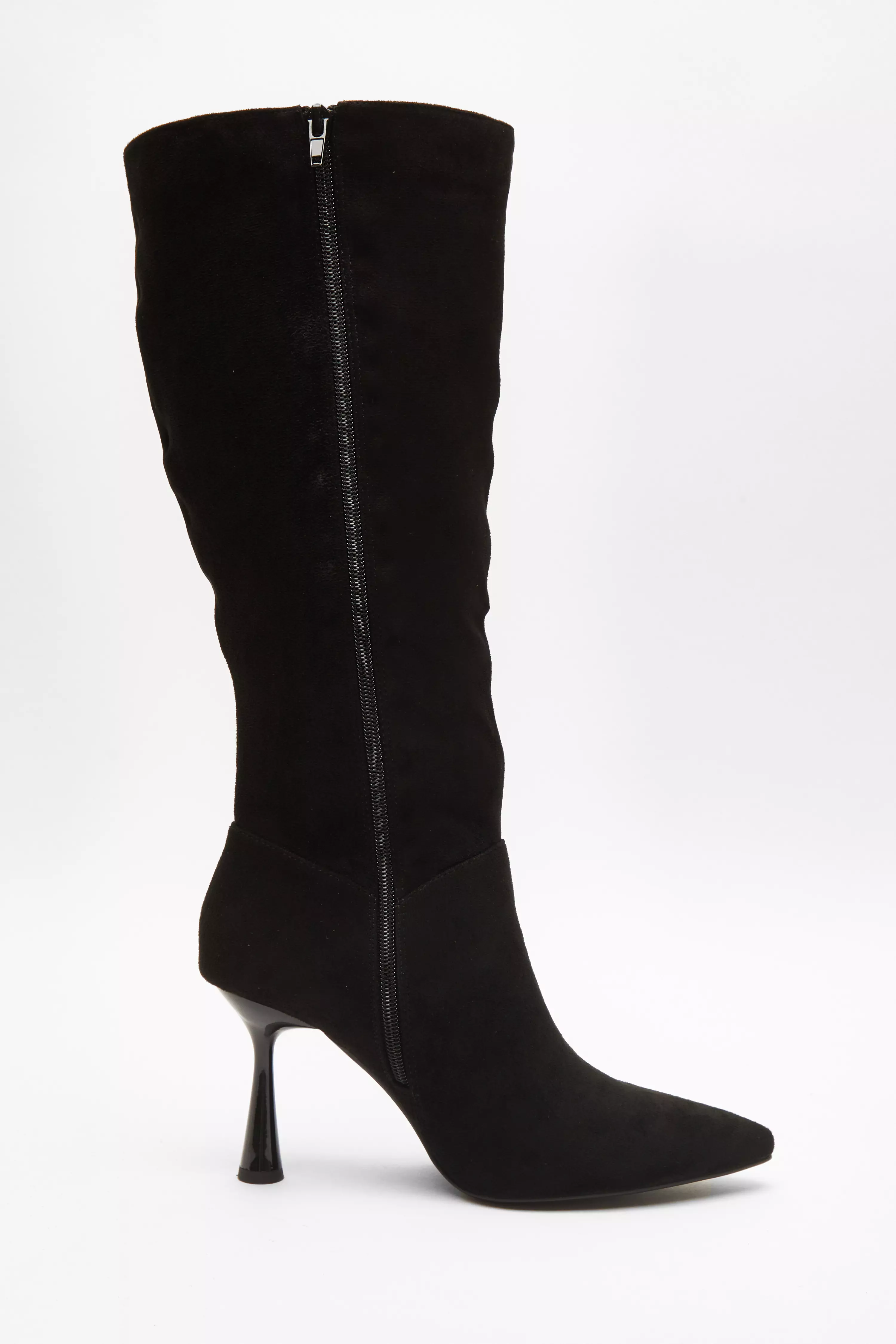 Black Faux Suede Knee High Heeled Boots