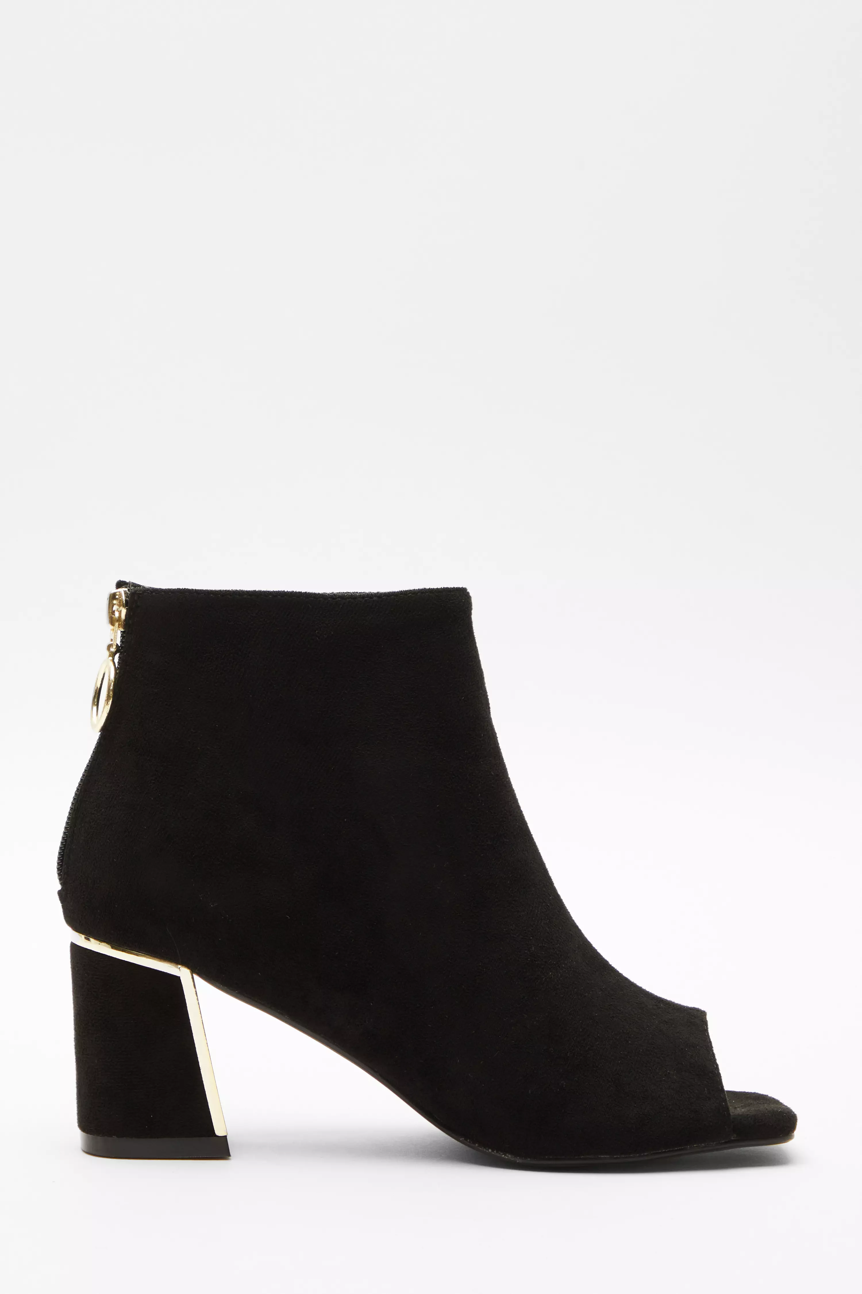 Black Faux Suede Open Toe Ankle Shoe Boot