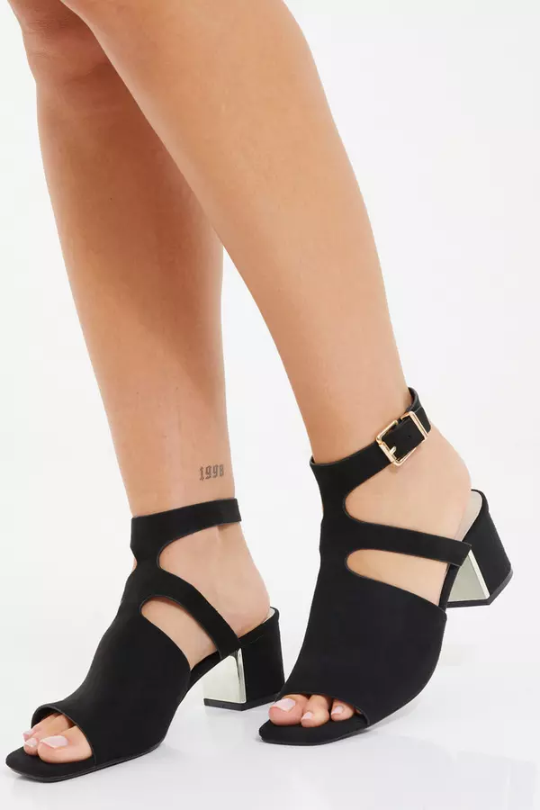 Black Faux Suede Cut Out Heeled Shoe Boot