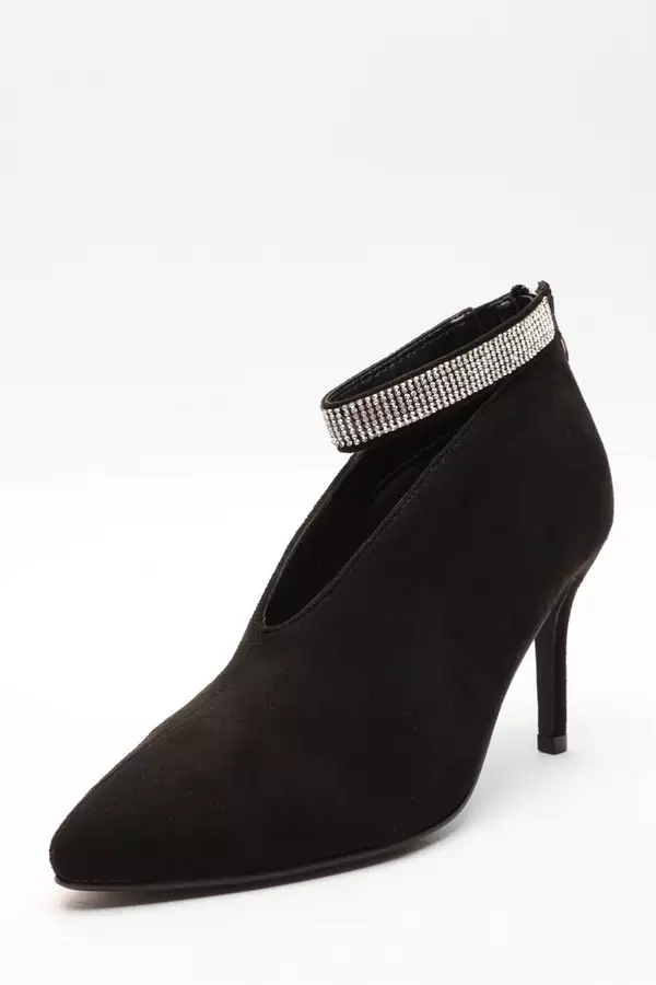 Black Diamante Strap Faux Suede Shoe Boots