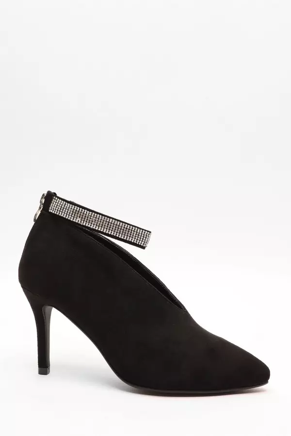 Black Diamante Strap Faux Suede Shoe Boots