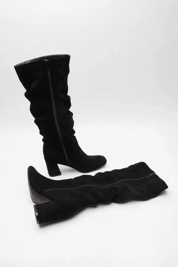Wide Fit Black Faux Suede Ruched Heeled Boots