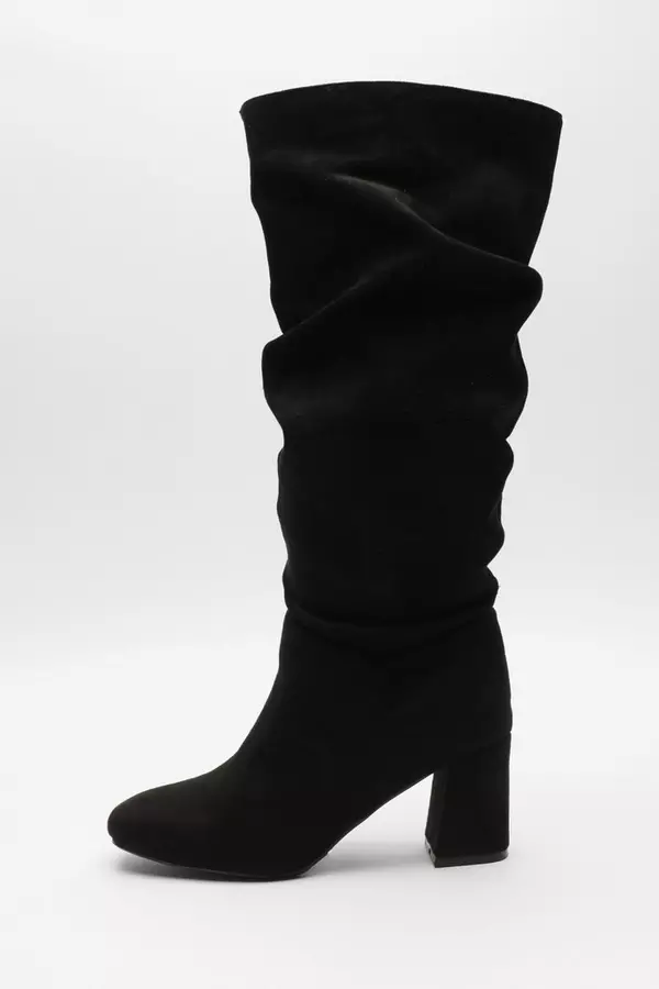 Wide Fit Black Faux Suede Ruched Heeled Boots