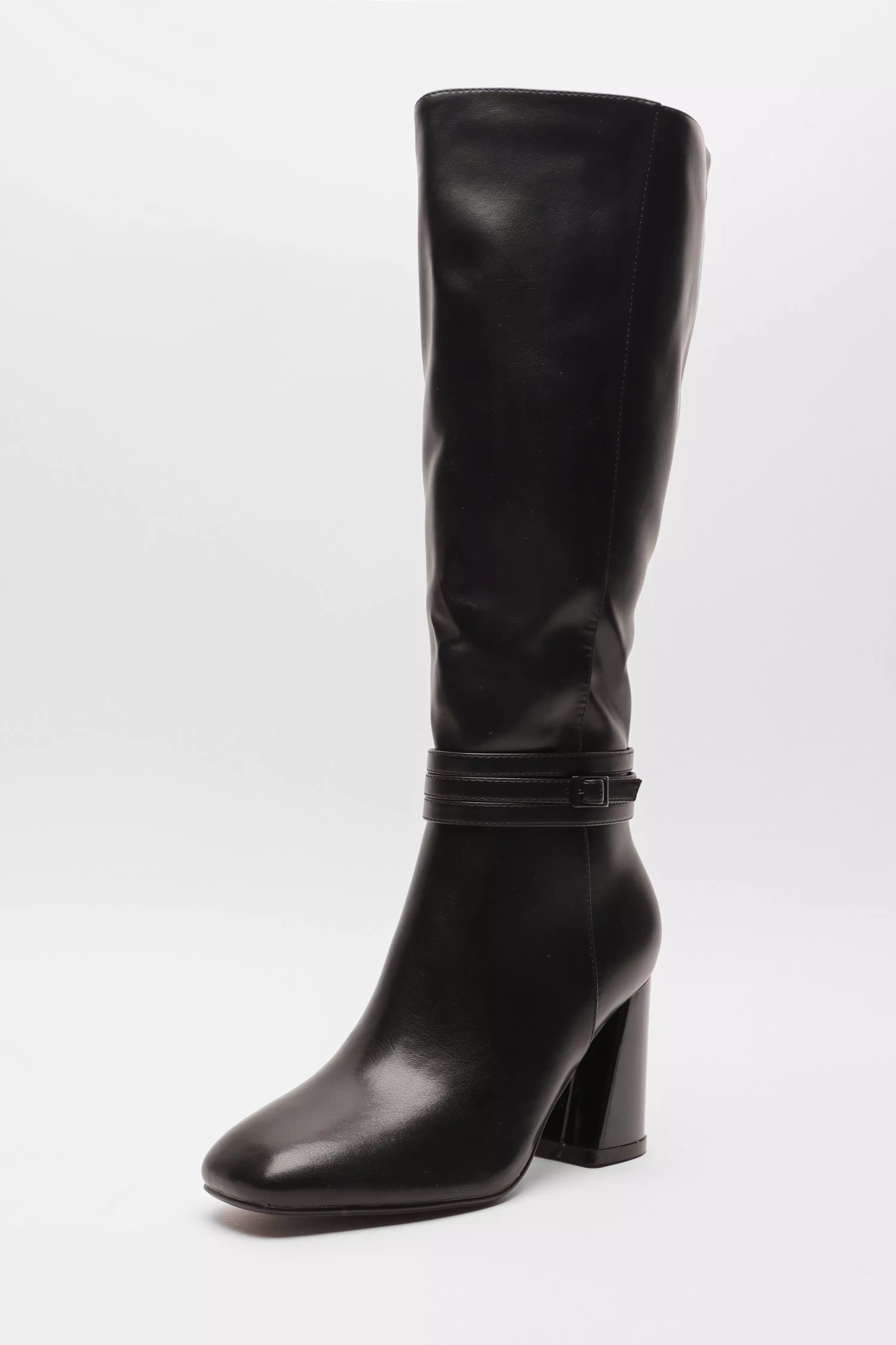 Wide Fit Black Faux Leather Knee High Boots