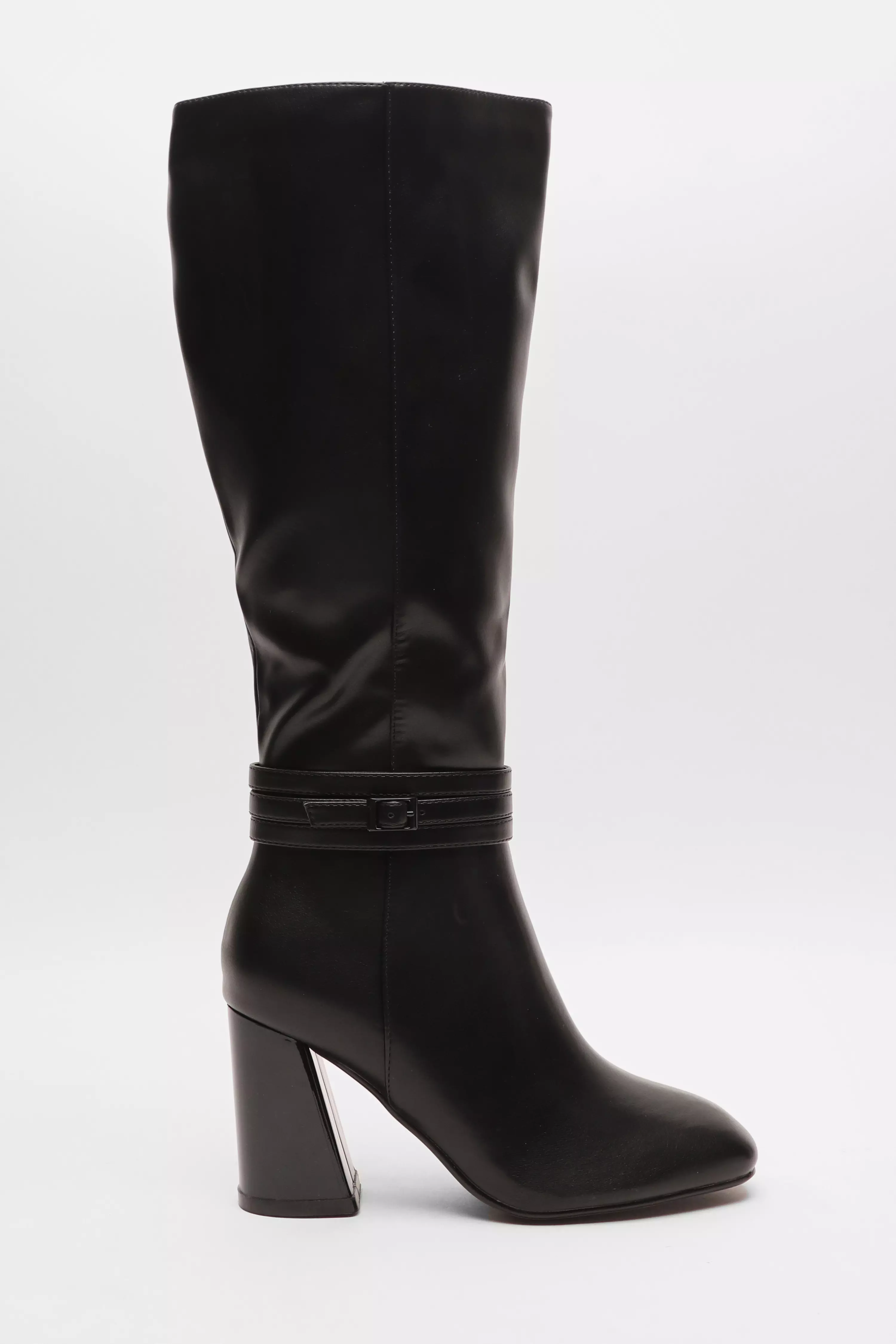 Wide Fit Black Faux Leather Knee High Boots