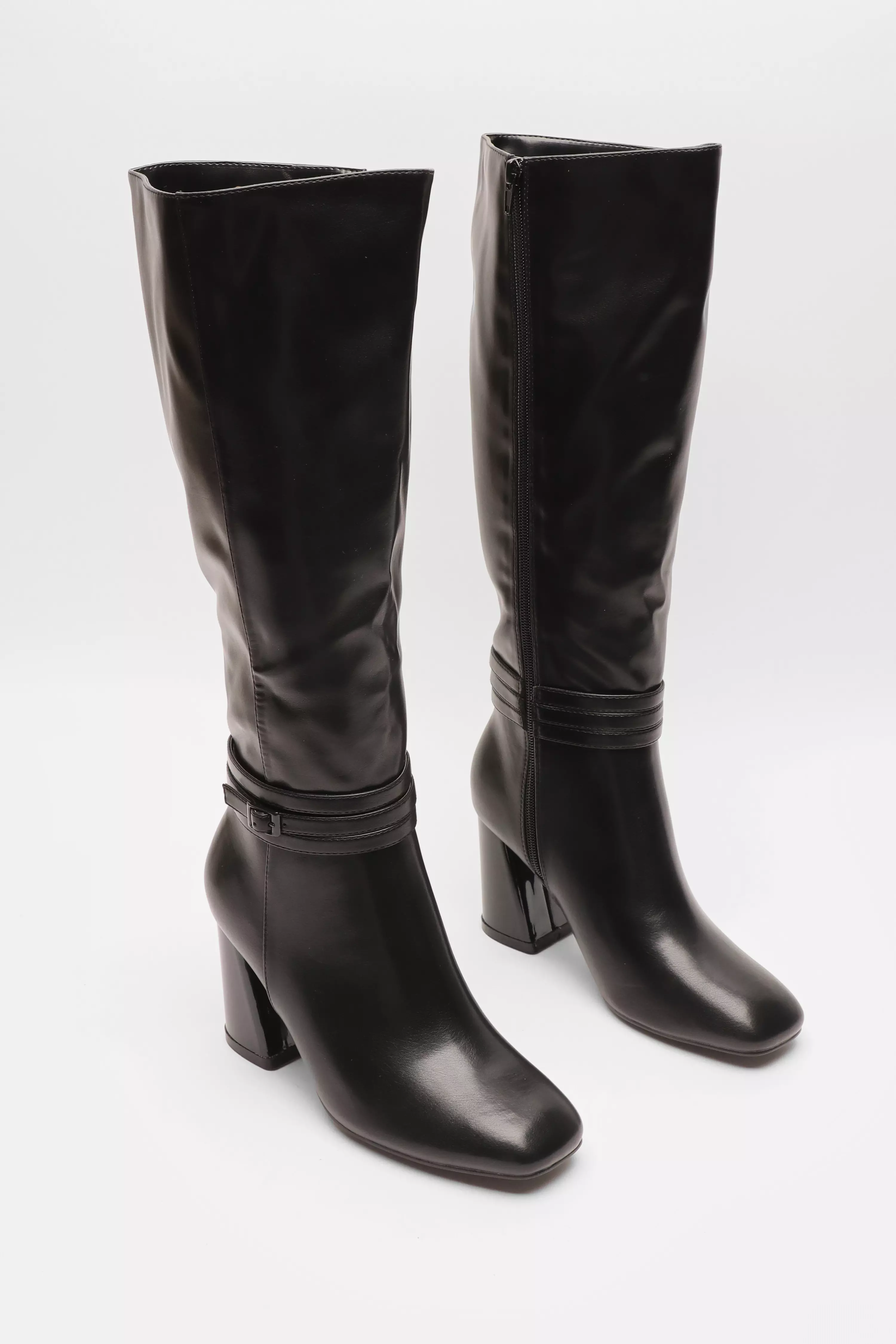 Wide Fit Black Faux Leather Knee High Boots