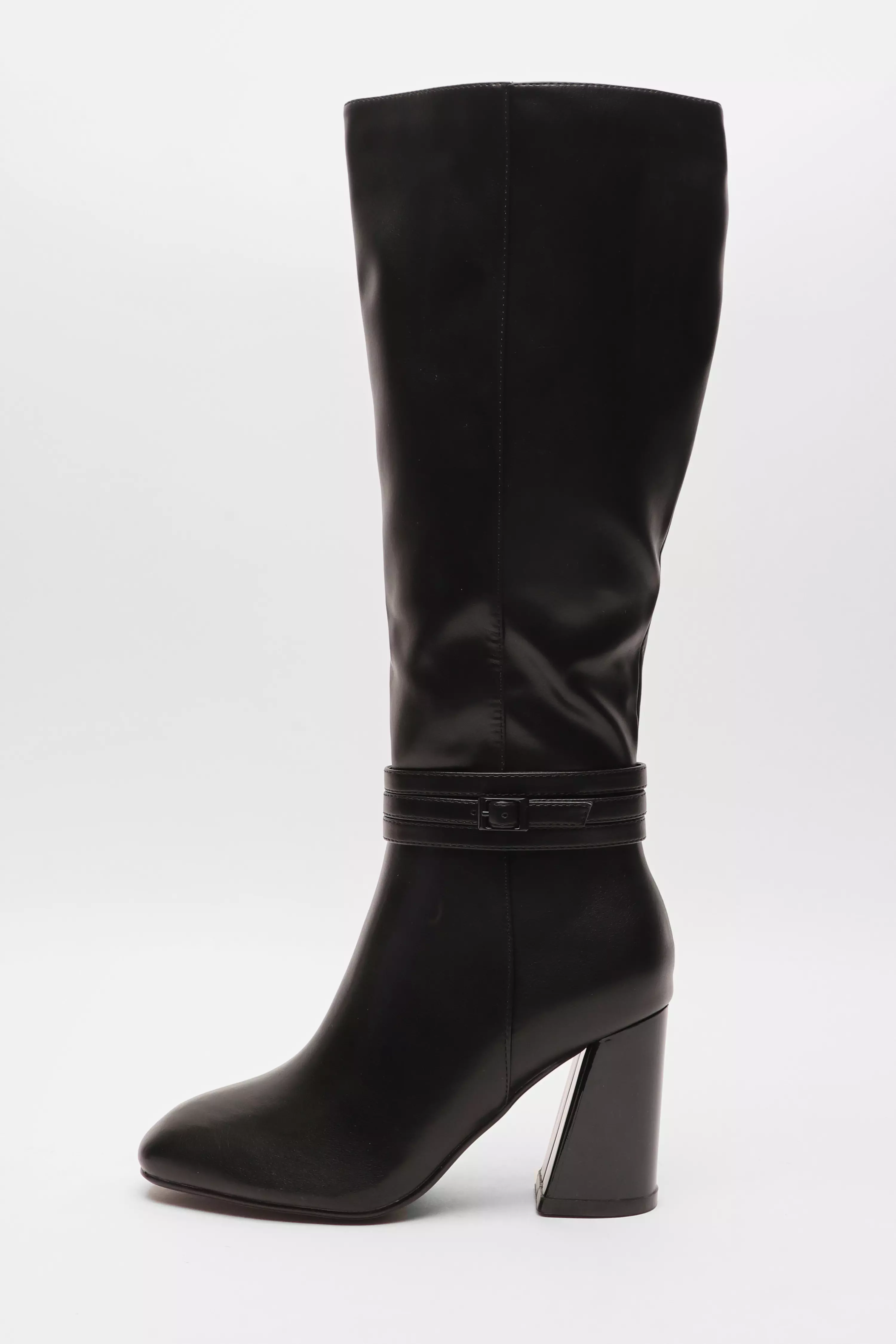 Wide Fit Black Faux Leather Knee High Boots