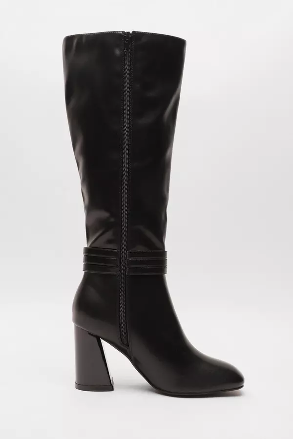 Wide Fit Black Faux Leather Knee High Boots