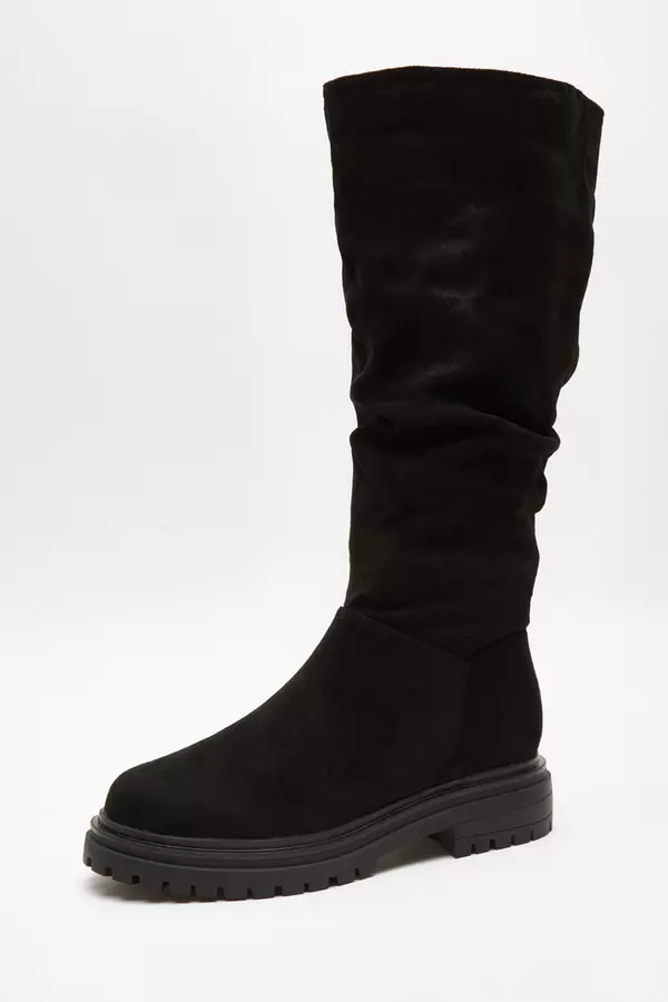 Wide Fit Black Knee High Faux Suede Boots