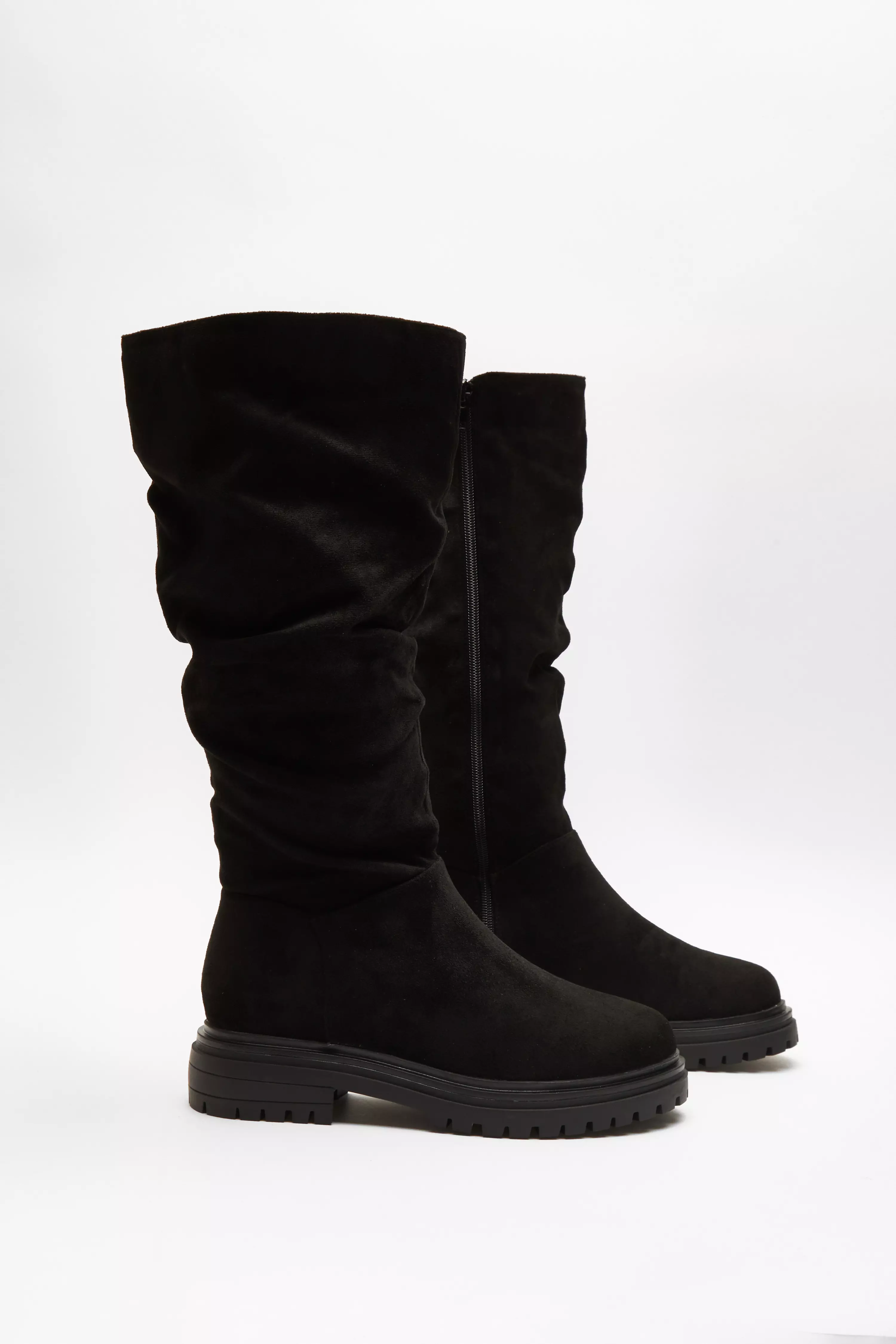 Wide Fit Black Knee High Faux Suede Boots