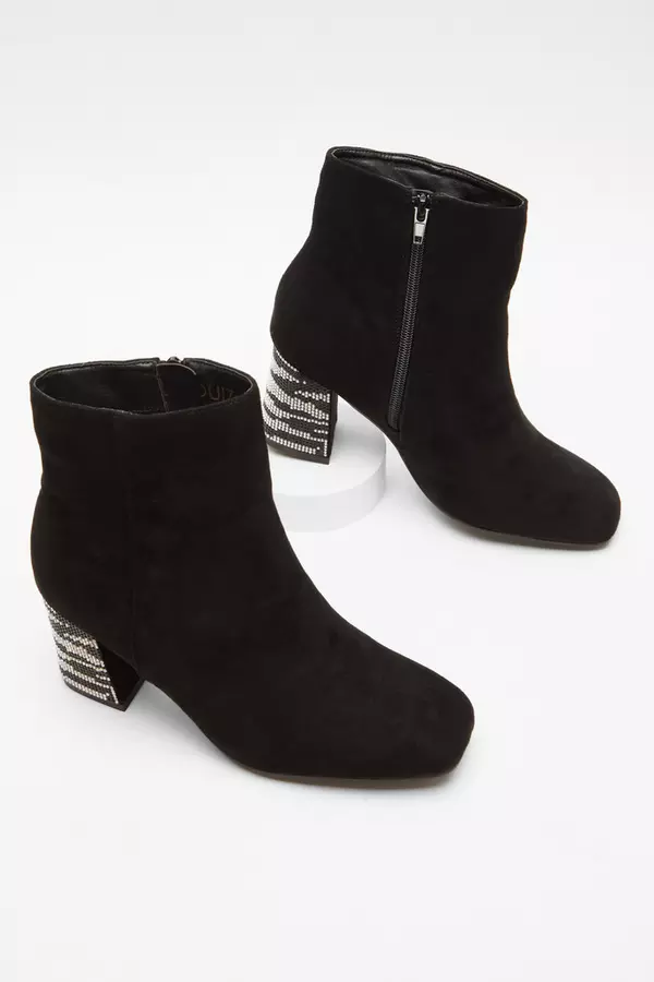Wide Fit Black Diamante Heeled Ankle Boot