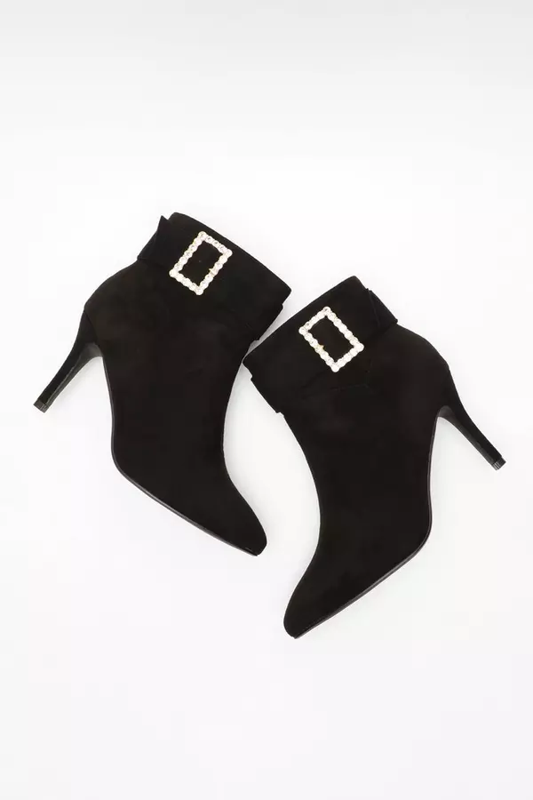 Wide Fit Black Faux Suede Diamante Buckle Heeled Boots