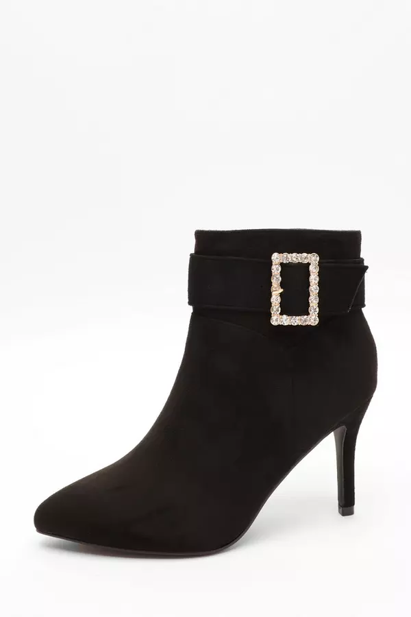 Wide Fit Black Faux Suede Diamante Buckle Heeled Boots