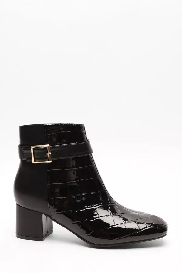 Black Faux Leather Buckle Ankle Boots