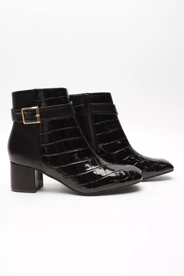 Black Faux Leather Buckle Ankle Boots