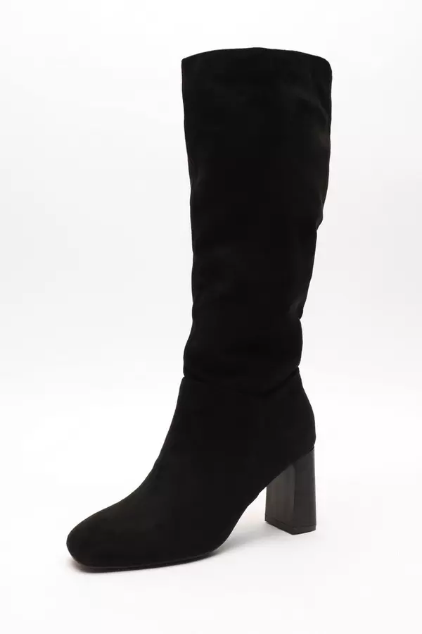Black Knee High Faux Suede Block Heel Boots