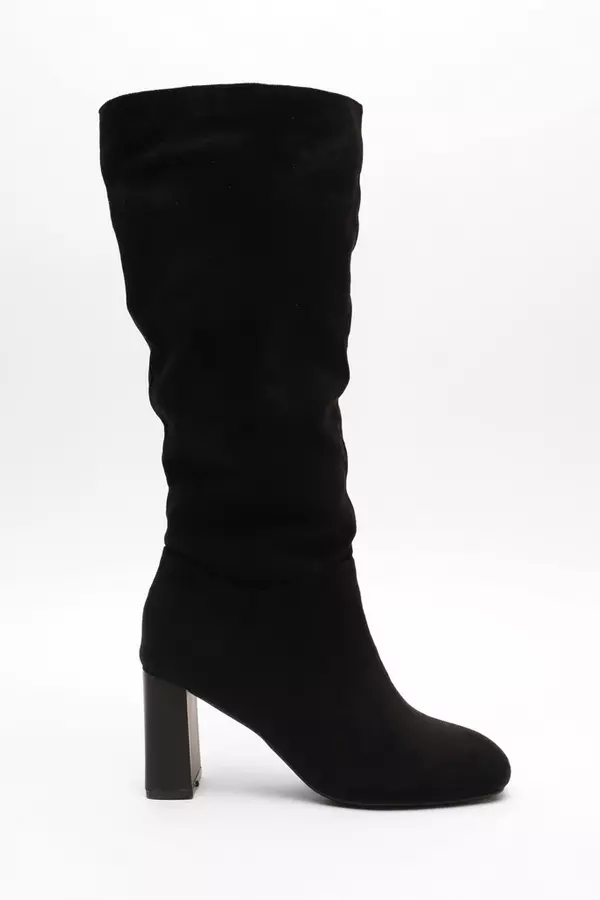Black Knee High Faux Suede Block Heel Boots