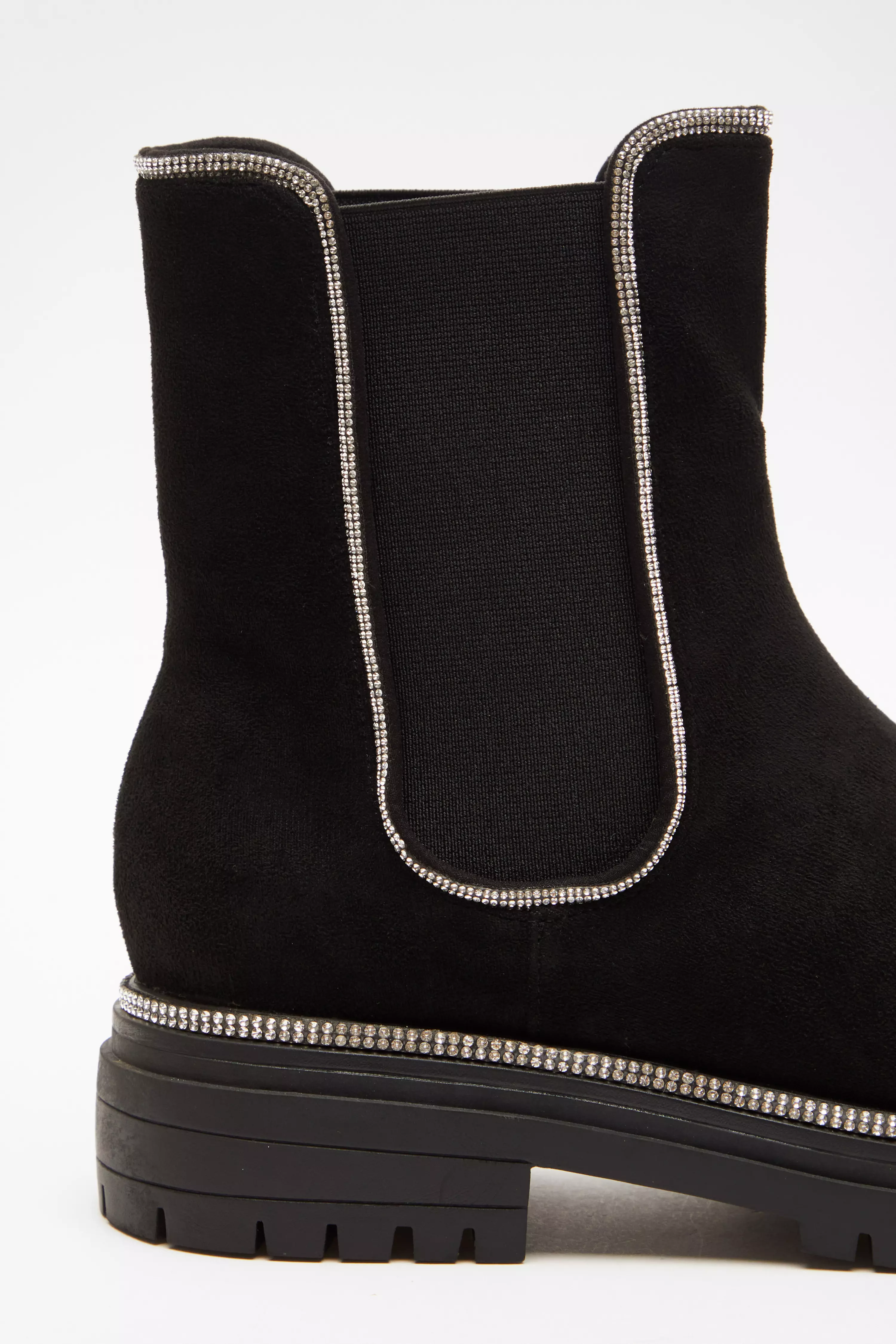 Black Wide Fit Faux Suede Diamante Trim Boots